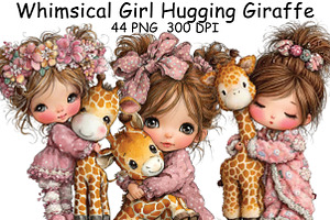 Whimsical Girl Hugging Giraffe PNG, an Illustration by CraftArtStudio