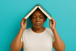 Senior woman with closed eyes holdin, a Photo by Dvoevnore photos