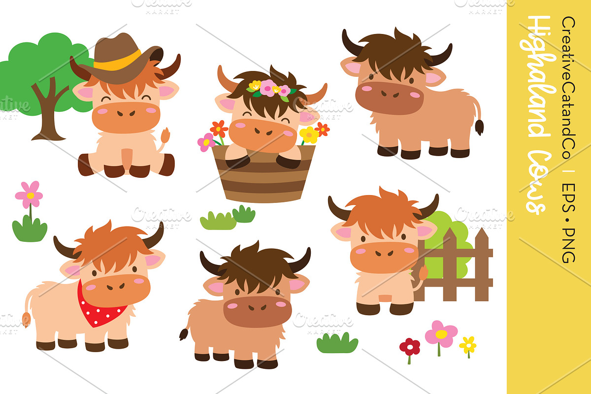 Highland Cows Vector EPS PNG Clipart, an Illustration by CreativeCatandCo