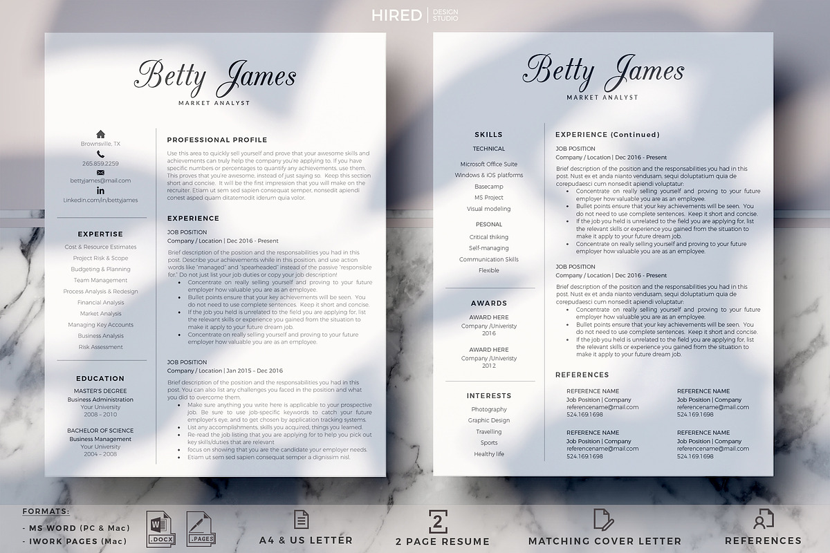 Cover Letter Template + Resume, CV, a Resume Template by HIRED Design Studio (Photo 2 of 11)