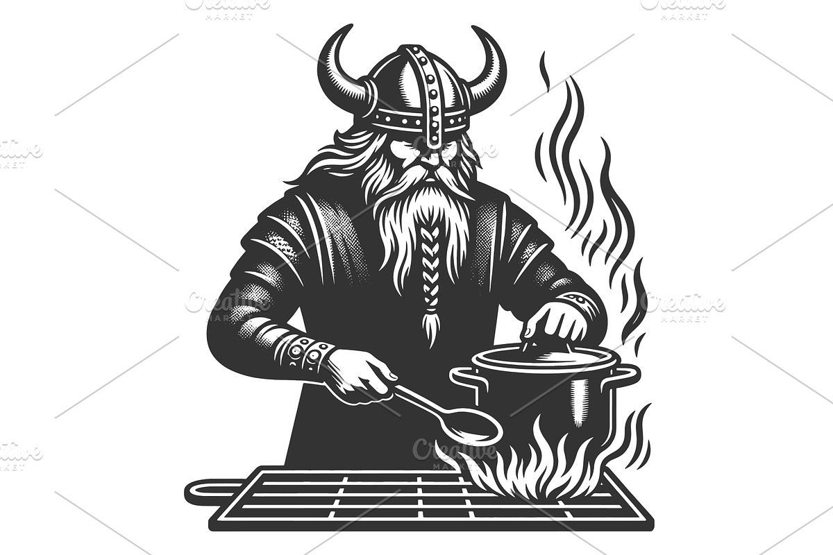 Viking Chef Cooking Over Fire vector, a Person Illustration by AlexArt
