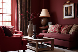 Living room interior with red walls and coordinating furniture, creating a comf, an Architecture Photo by Studio ANNA
