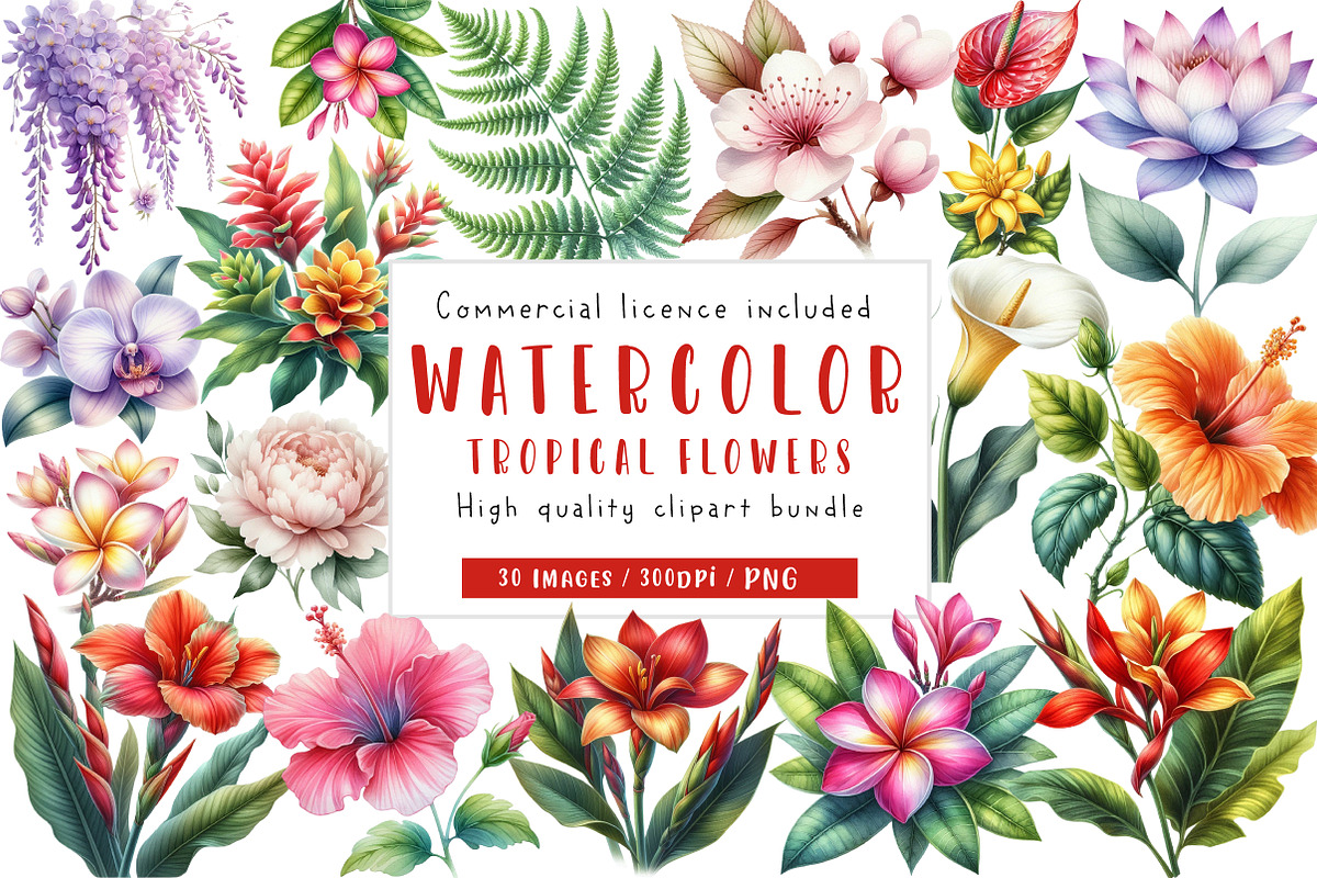 Watercolor Tropical Flowers Clipart, an Illustration by CreationArt (Photo 1 of 5)
