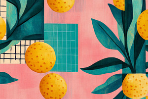 Abstract Botanical Art with Lemons on Pink Geometric Background, an Abstract Photo by Natalia Klenova's Shop