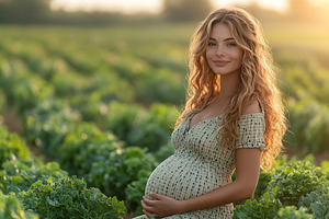Young pregnant woman in summer dress standing near green field, a Person Photo by AlyaAnd