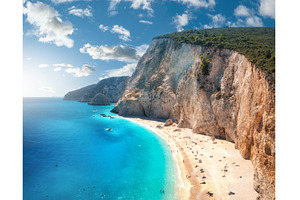 Aerial view of blue sea, rock, sandy, a Nature Photo by den-belitsky