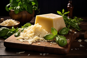 Piece of parmesan cheese on wooden background, a Food & Drink Photo by AlyaAnd