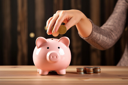 Female hand putting coin into piggybank on wooden background, a Business Photo by AlyaAnd