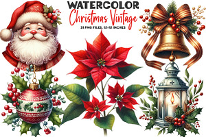 Watercolor Christmas Vintage Clipart, an Illustration by DreamArtGraphic