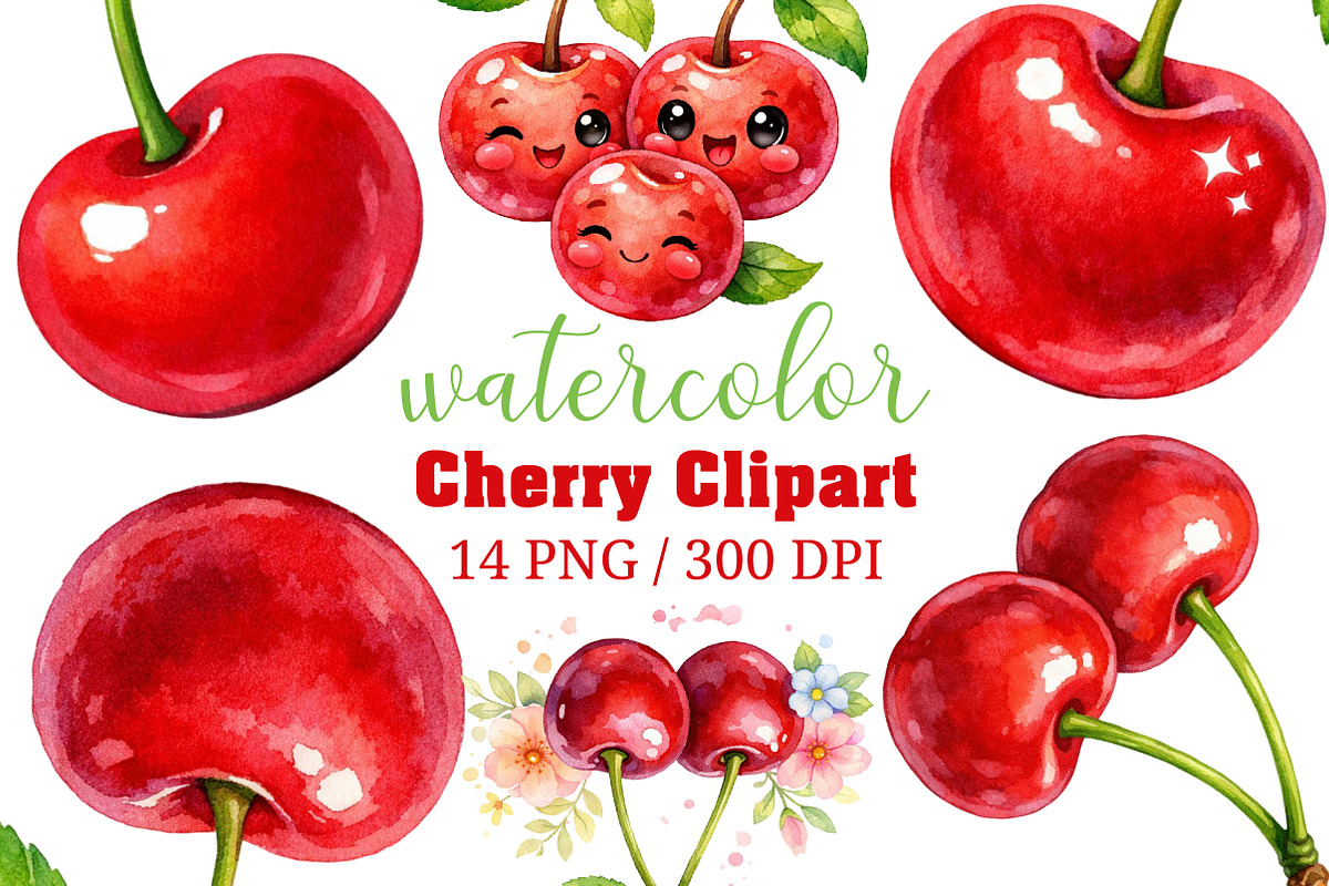 Watercolor Cherry Clipart Set PNG, an Illustration by Craft Nest (Photo 1 of 5)