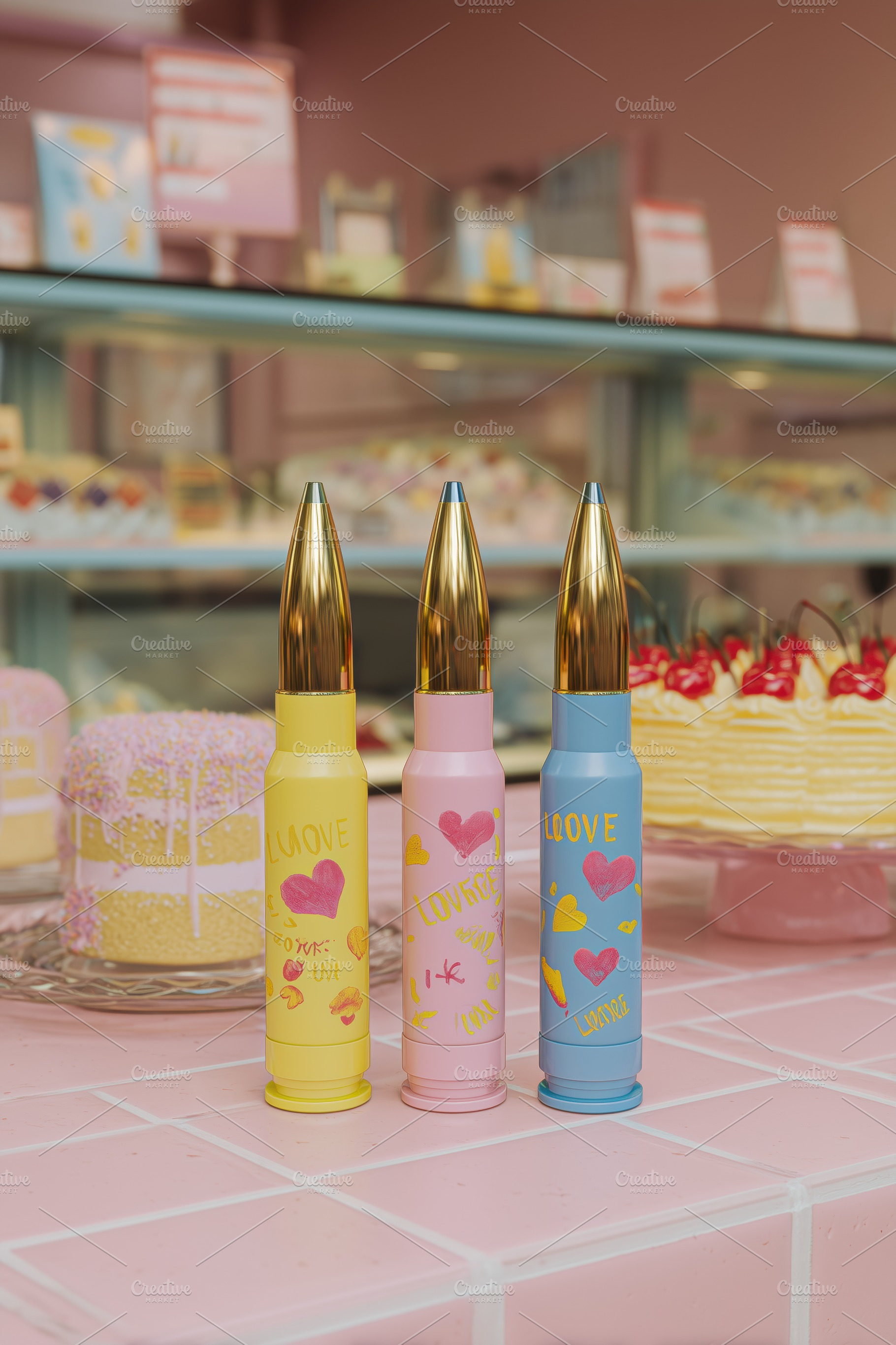 Three colorful, oversized pens with gold tips, featuring playful designs and pa, an Arts & Entertainment Photo by Textures & Backgrounds
