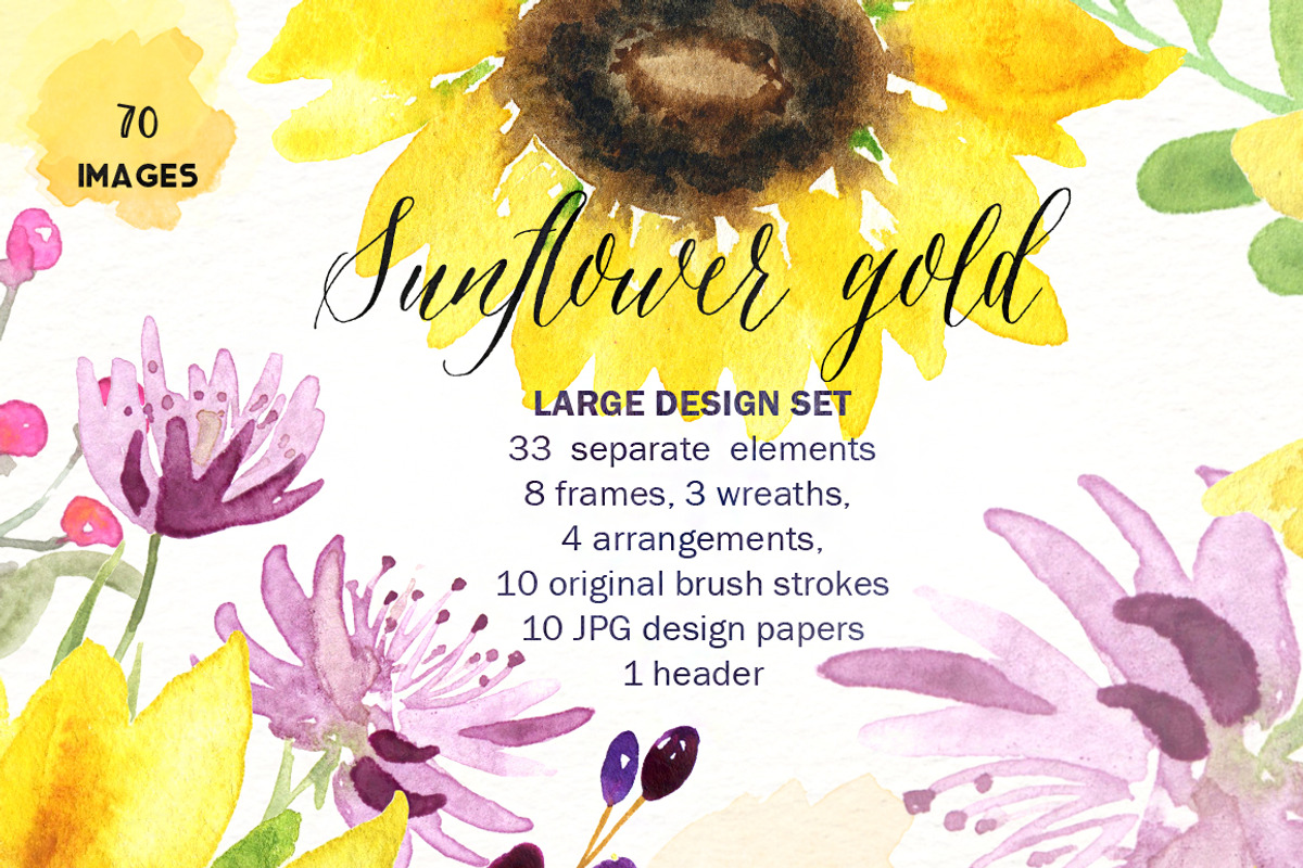 -50% Sunflowers watercolor flowers, a Texture Illustration by LABFcreations (Photo 1 of 11)