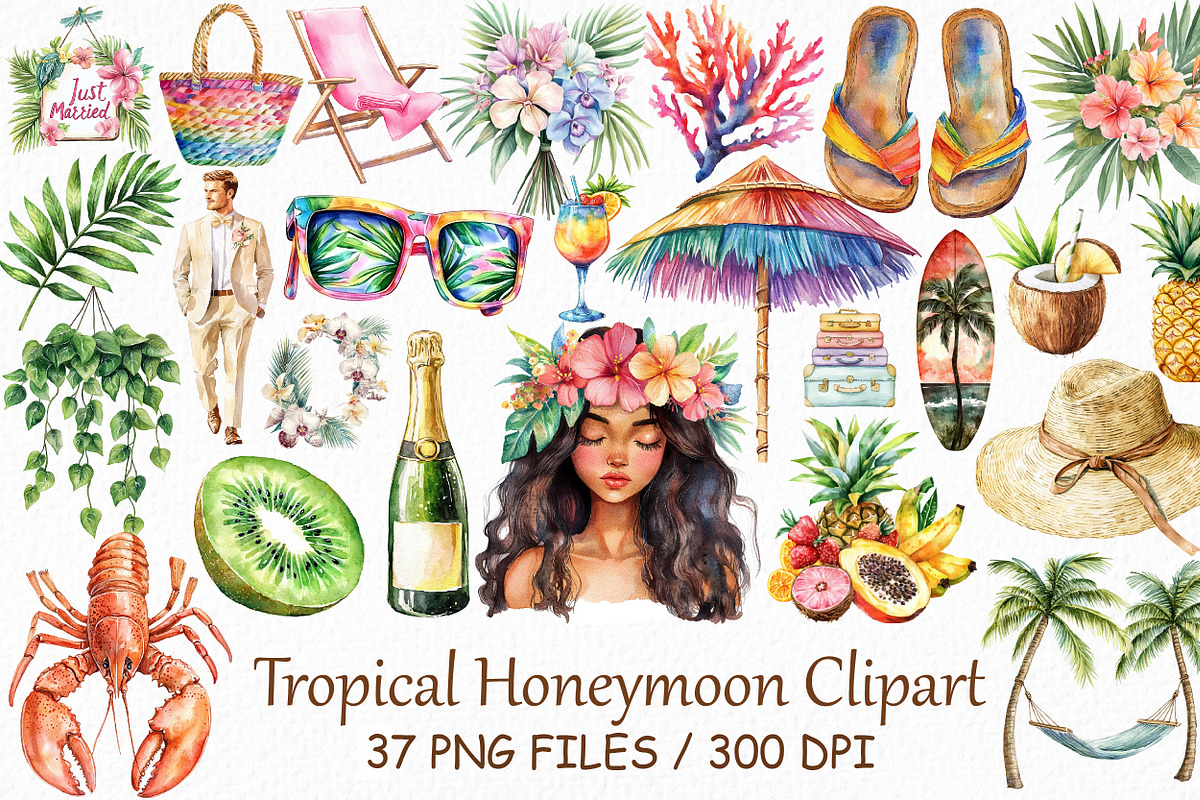 Watercolor Tropical Honeymoon Clipar, an Illustration by Design Market (Photo 1 of 3)