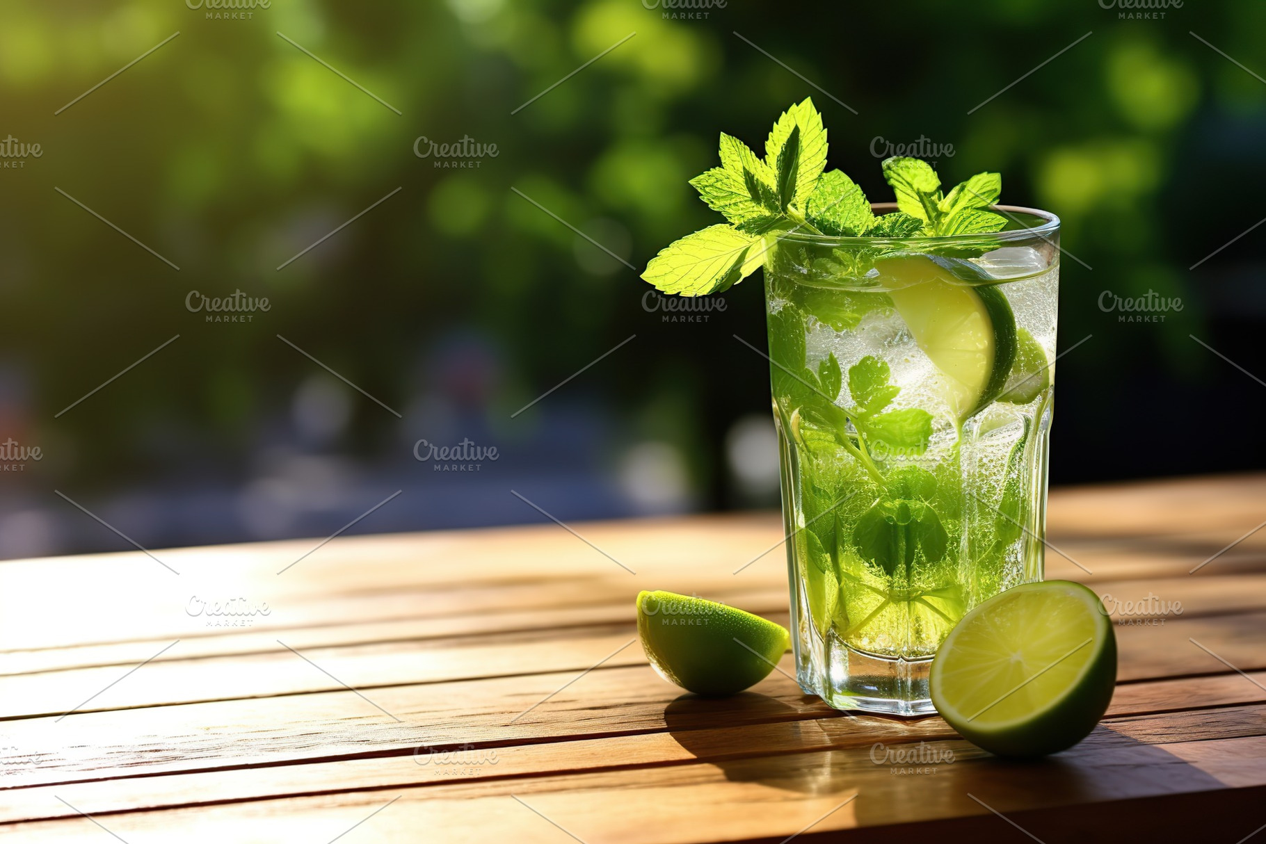 Alcoholic mojito with ice and mint on wooden table, a Food & Drink Photo by AlyaAnd