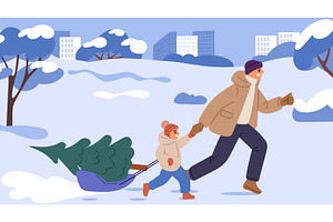 Joyful father and son sledding home, a Person Illustration by Vectorbuum