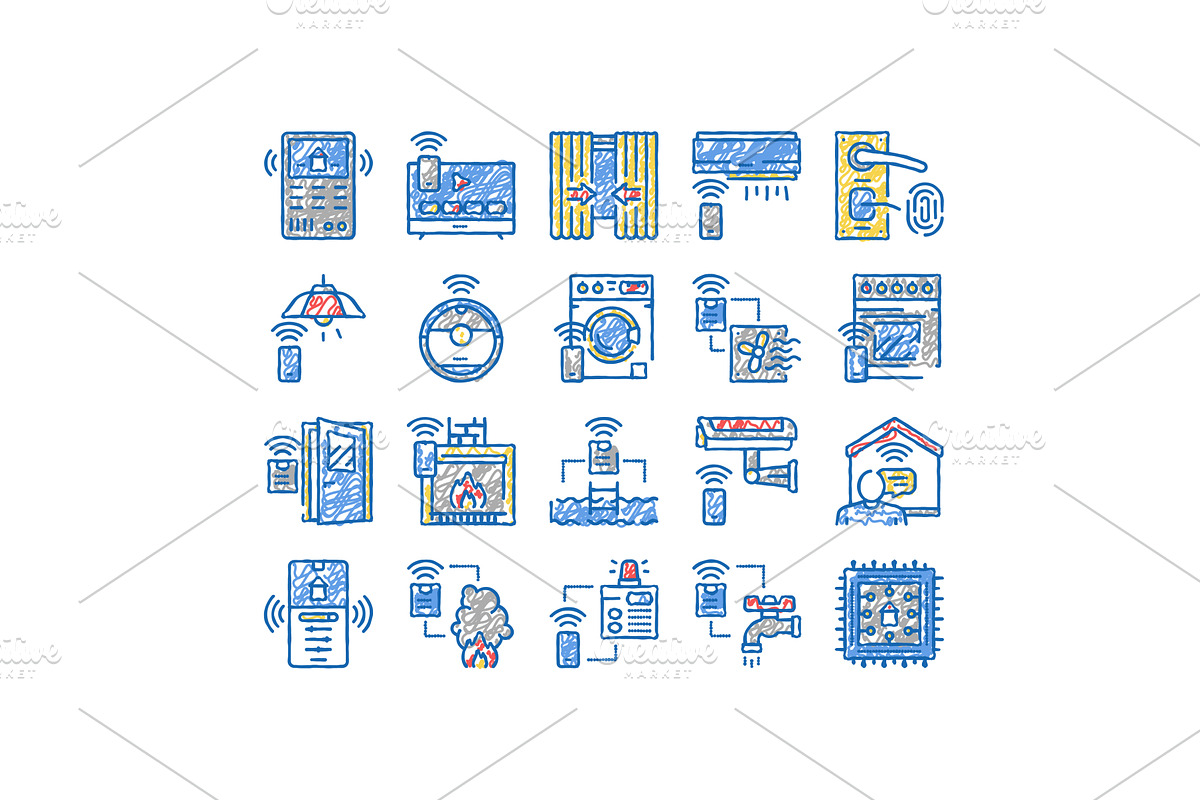 Smart Home Equipment set Icons hand, an Object Illustration by pikepicture