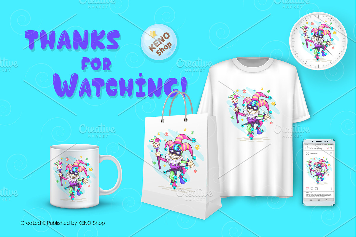 Cheerful cartoon joker. Tshirt, PNG., a Person Illustration by KENO Mascots (Photo 4 of 4)