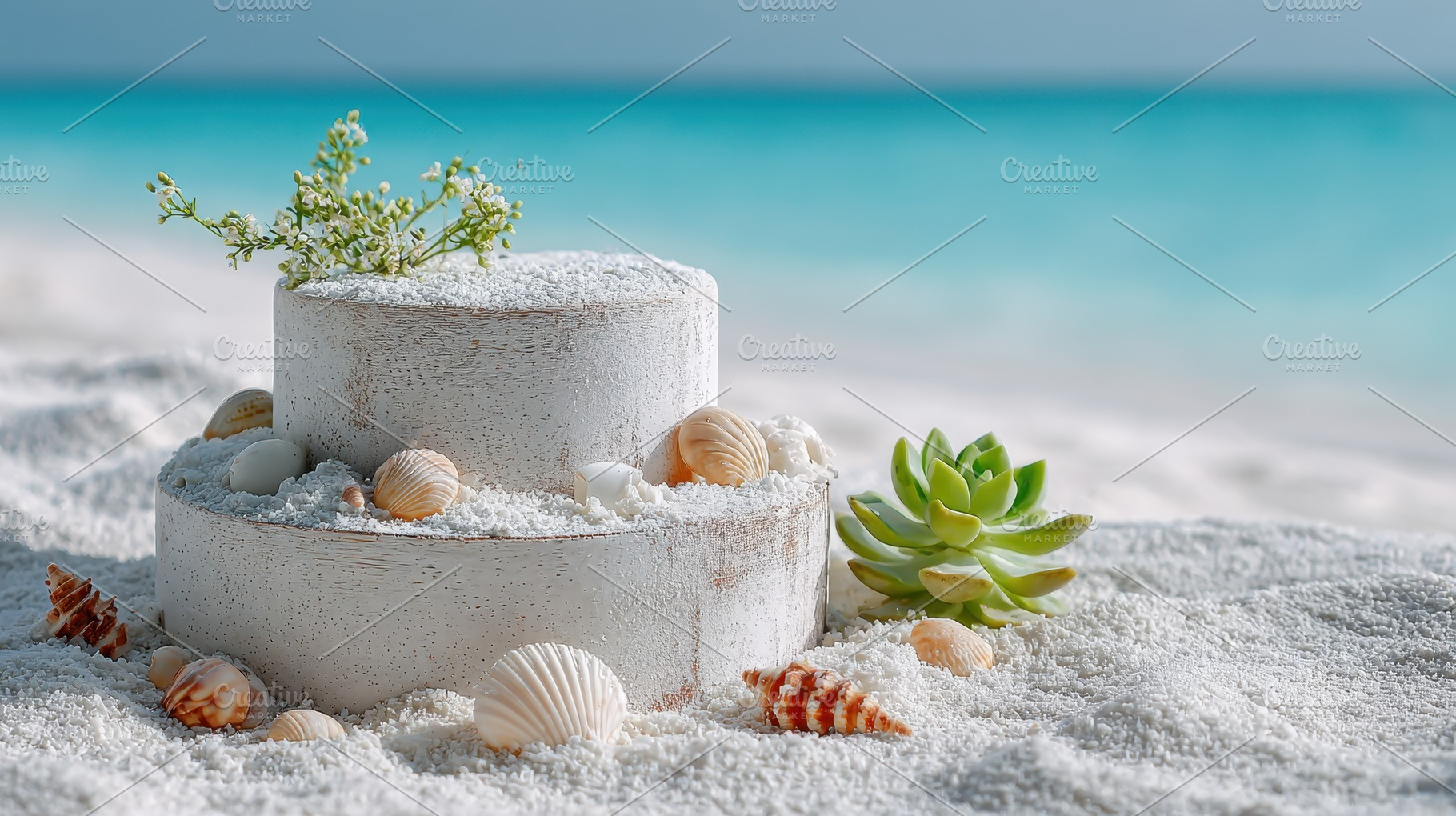 Beach Wedding Cake Seashells Succule, a Photo by Pixeness Studio