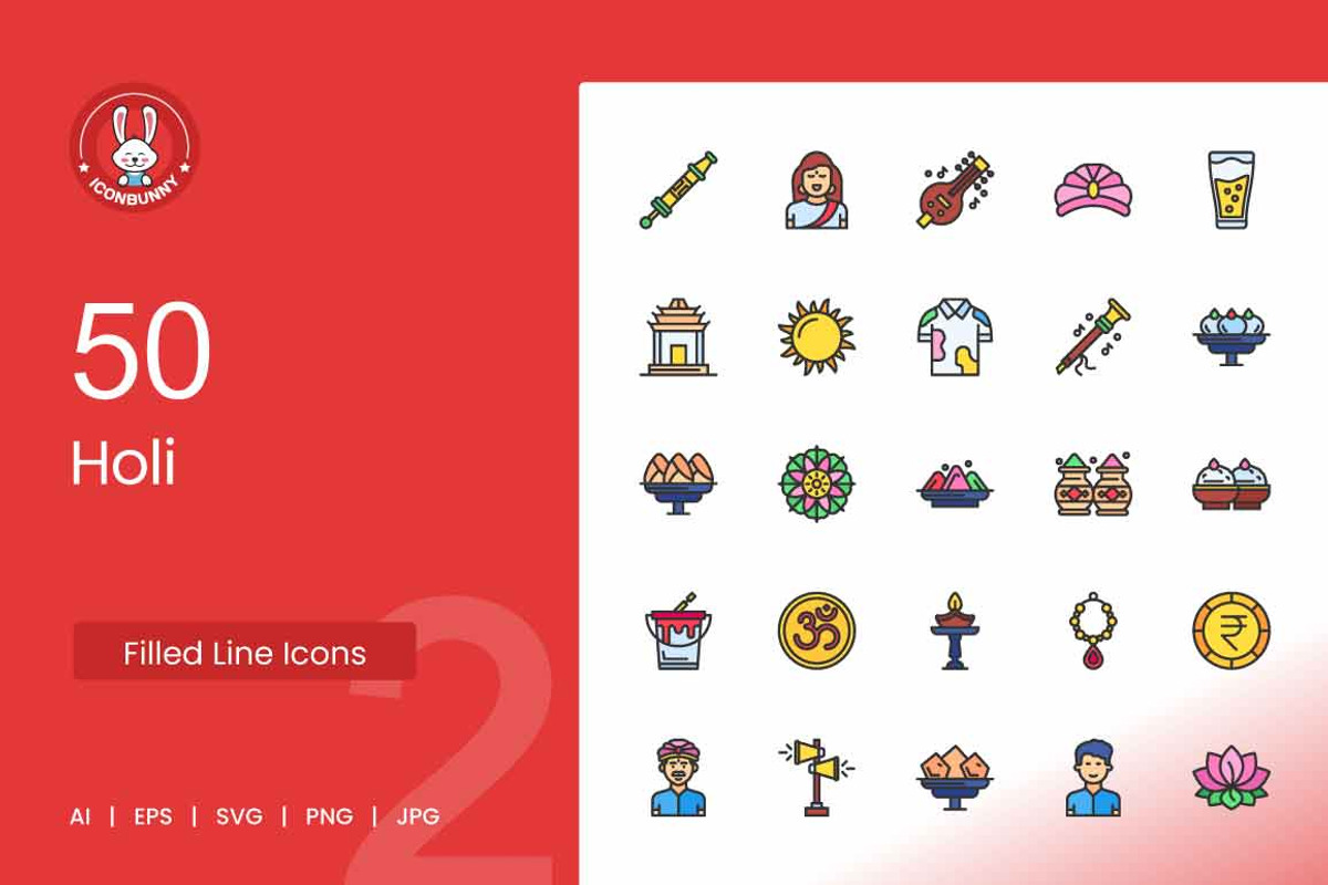 50 Holi Filled Line Icons, an Icon by IconBunny (Photo 1 of 2)
