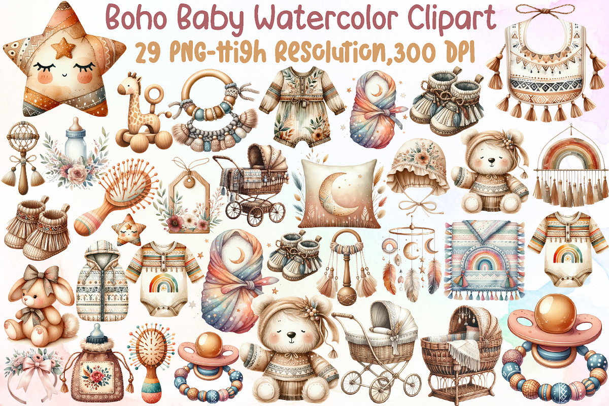 Boho Baby Watercolor Clipart, an Illustration by Sublimation Artist (Photo 1 of 6)