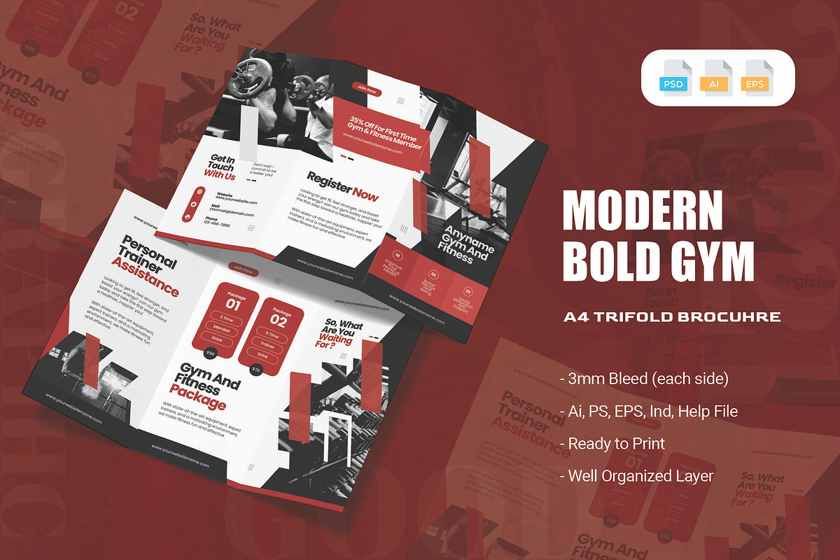 Modern Bold Gym - Trifold Brochure, a Brochure Template by AQR Studio (Photo 1 of 2)