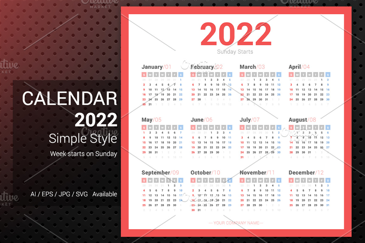 2022 Simple Calendar Sunday Starts., a Stationery Template by WORAKAMON Design Studio (Photo 1 of 3)