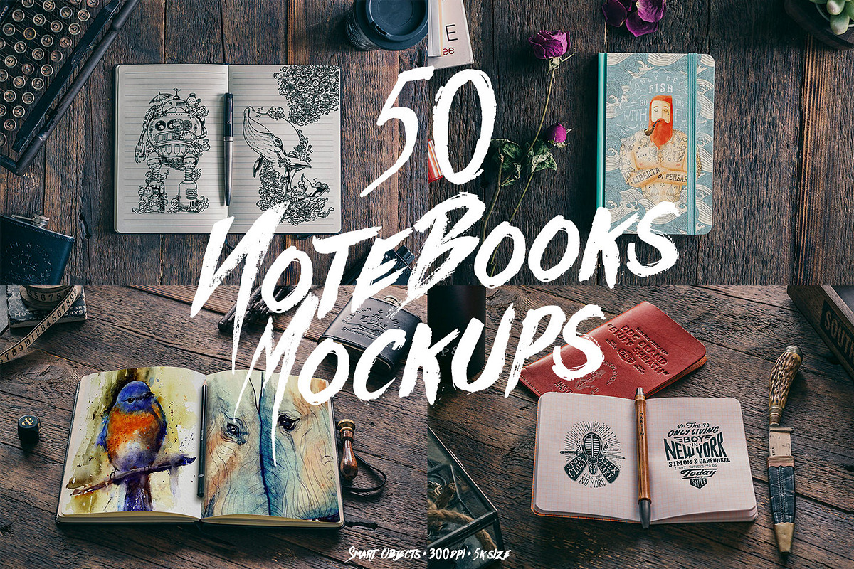 50 Notebooks Mockups, a Pens & Pencil Mockup by Madebyvadim (Photo 1 of 5)