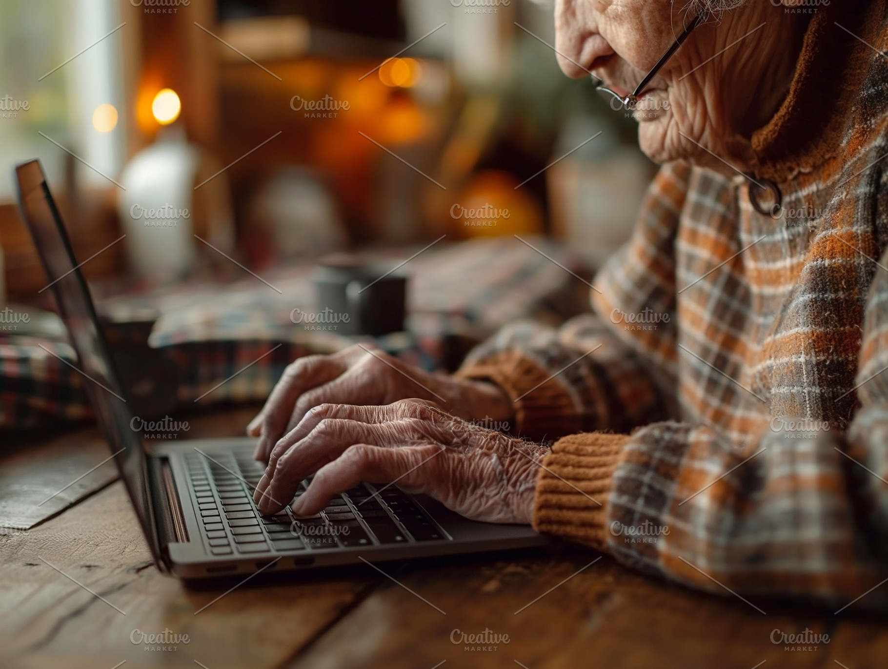 An elderly woman with delicate hands typing on a laptop, immersed in her work a, a Person Photo by ImageMir