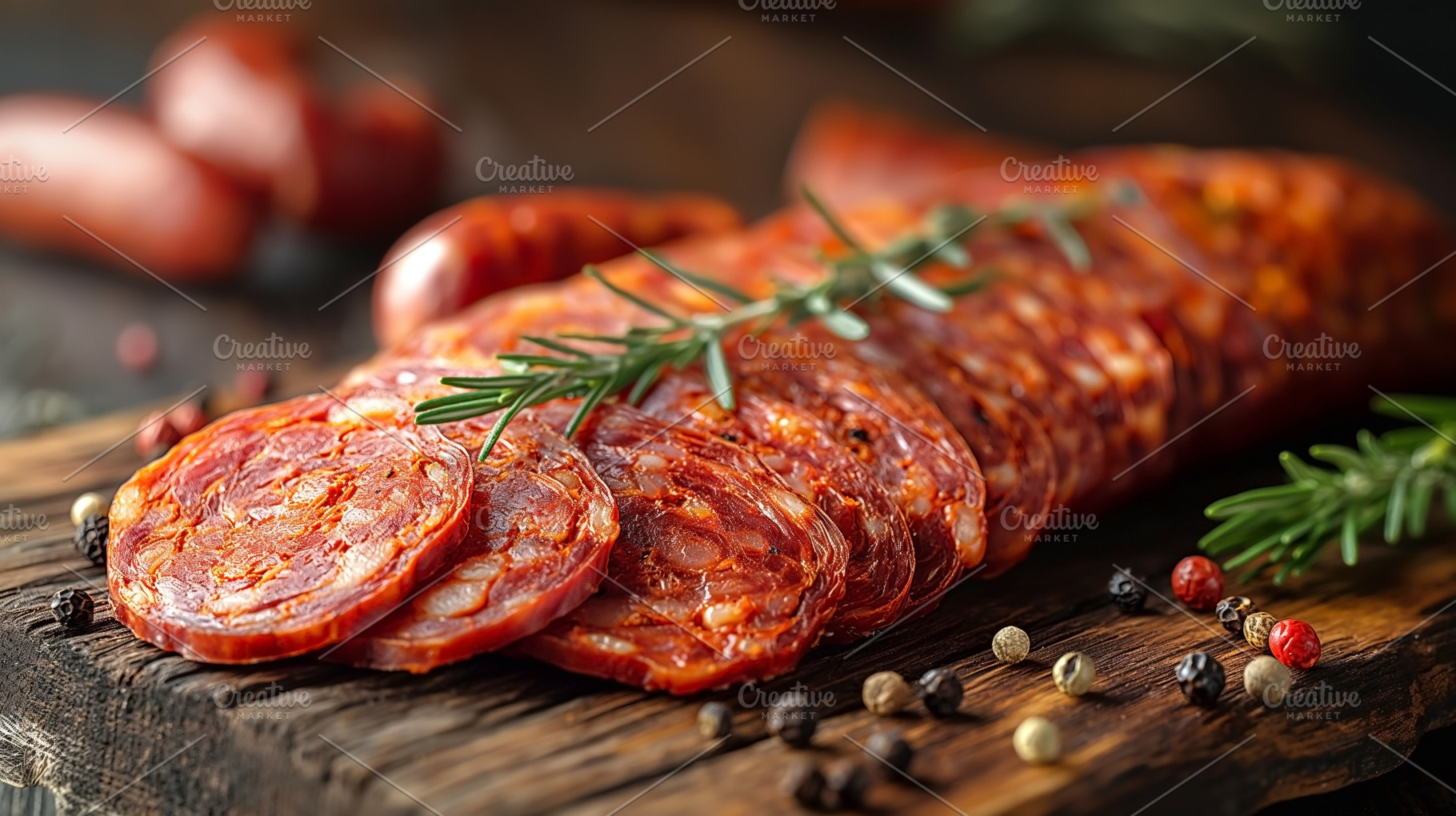 Sliced spicy chorizo sausage garnished with fresh rosemary on a, a Food & Drink Photo by ImageMir