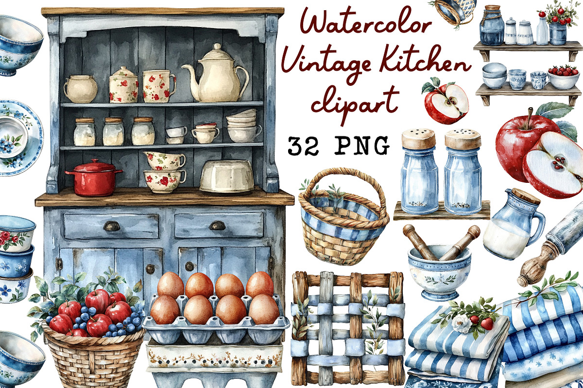 Watercolor vintage kitchen clipart, an Illustration by Libby Wishes (Photo 1 of 4)