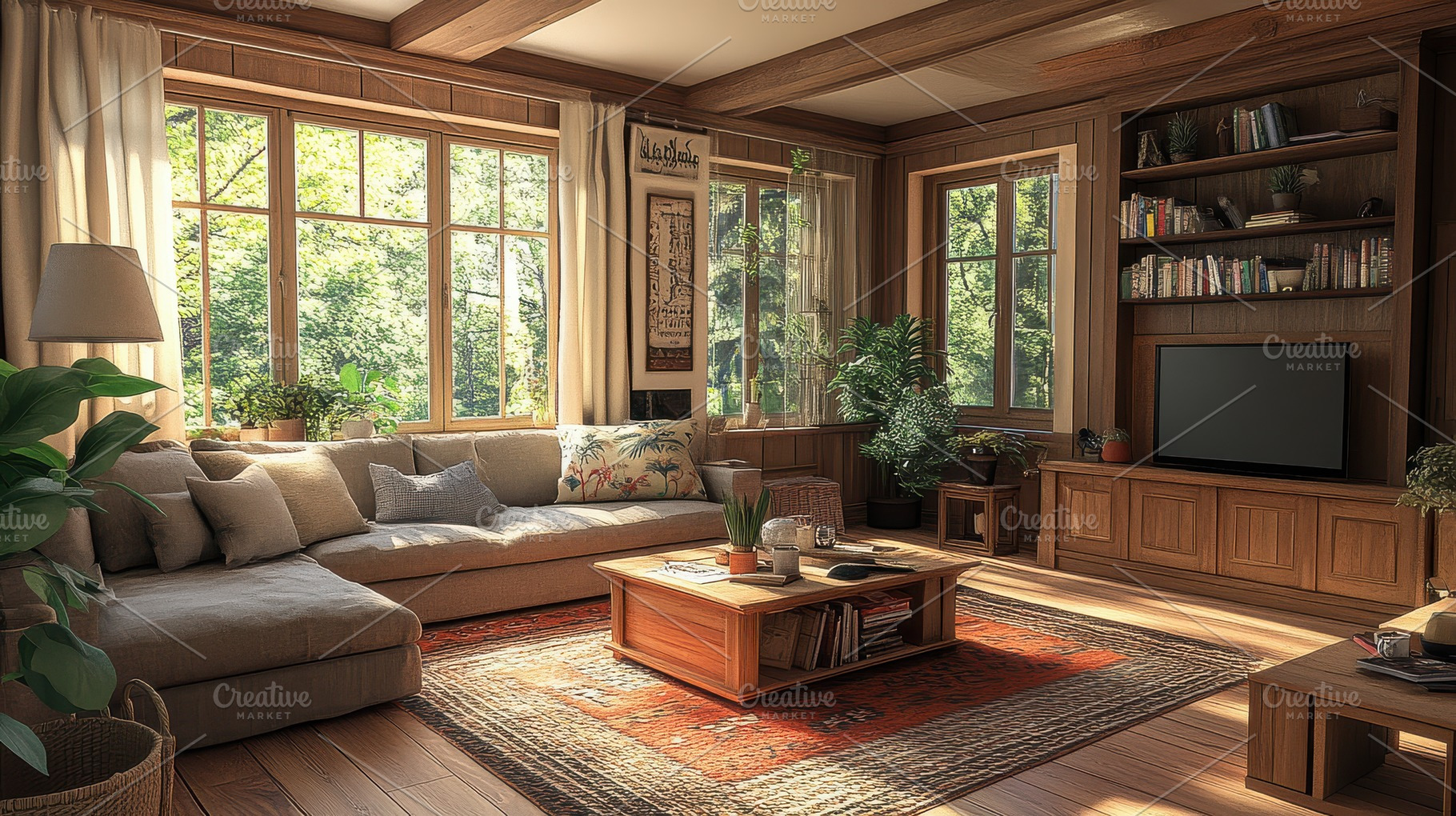 Cozy living room with wood details,, a Photo by Pixeness Studio