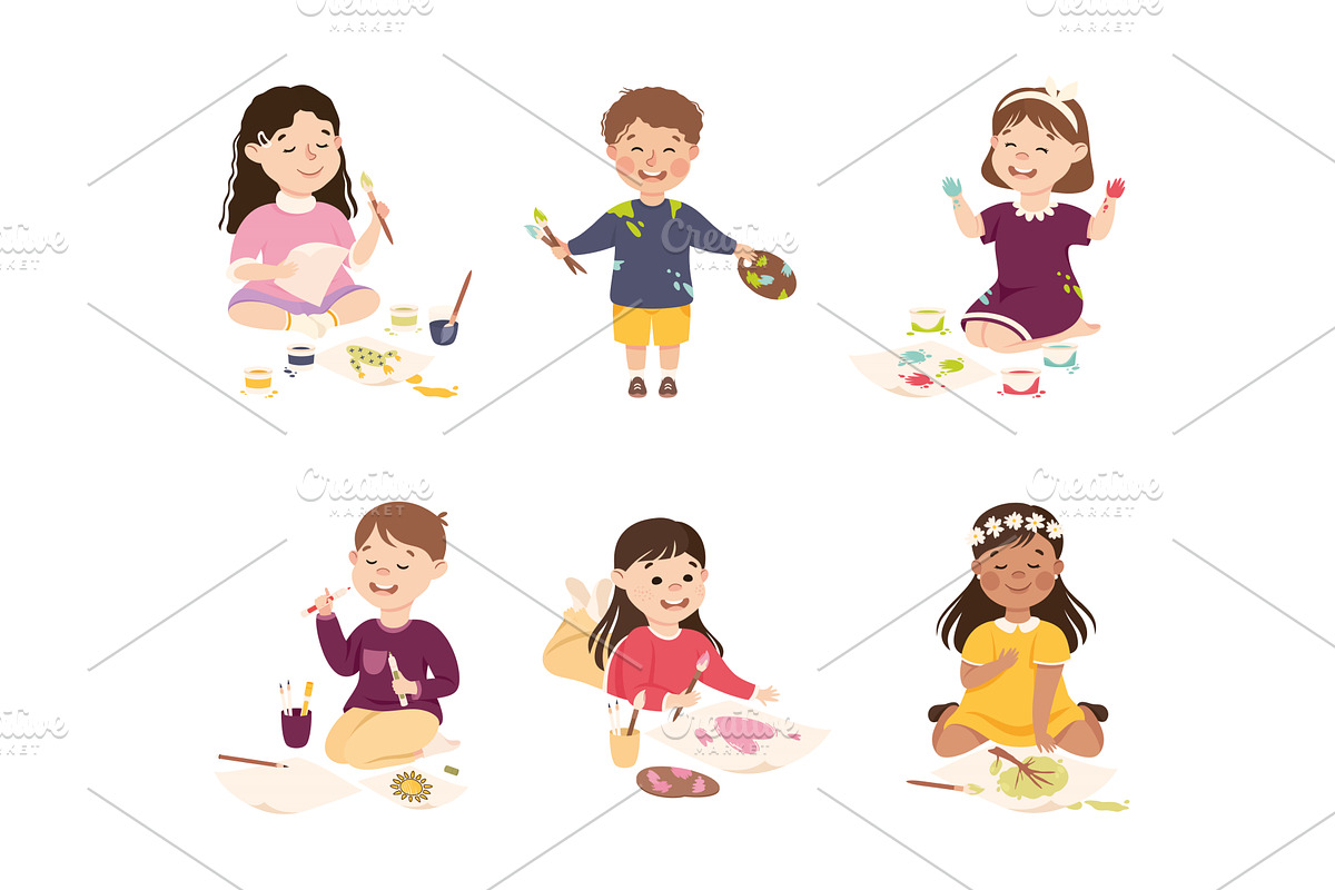 Happy Cute Kids Drawing and, a Person Illustration by TopVectors
