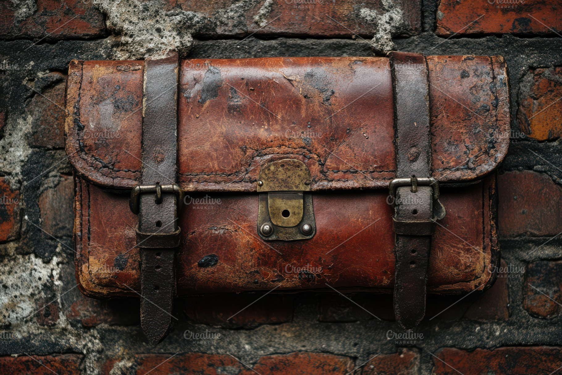 Vintage Leather Satchel on Brick Wal, an Abstract Photo by Pixeness Studio