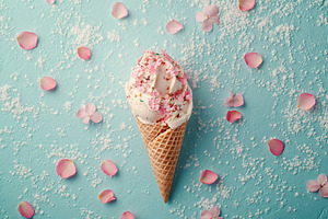 Waffle cone with ice cream and flowers petals on blue background, a Photo by AlyaAnd