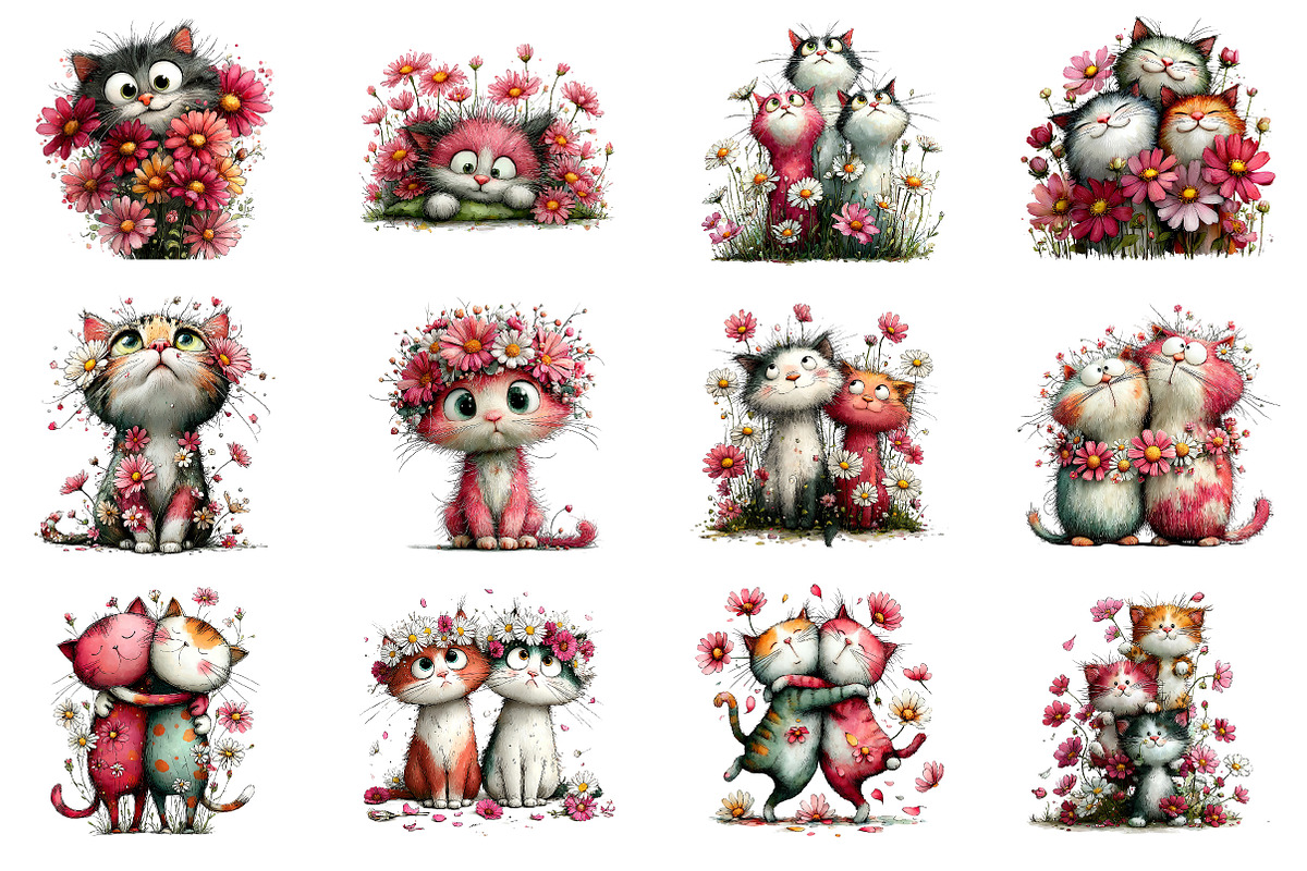 Whimsical Daisy Flowers Cat Clipart, an Illustration by Dream Creation (Photo 5 of 8)