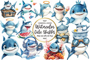 Watercolor Cute Sharks Clipart, an Illustration by OK Design (Thumbnail 1 of 5)