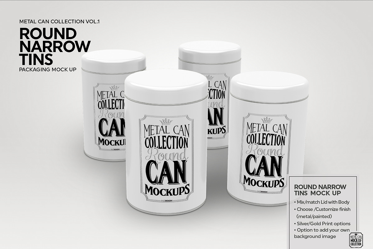 Round Narrow Tins Packaging Mockup, a Cups & Container Mockup by INCDesign (Photo 2 of 6)