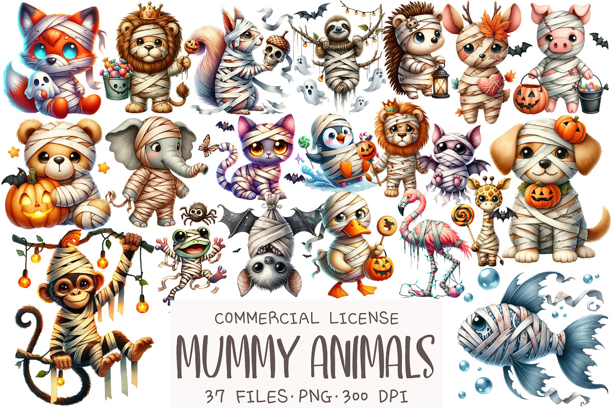 Halloween Mummy Animals Clipart, an Illustration by OK Design (Photo 1 of 5)