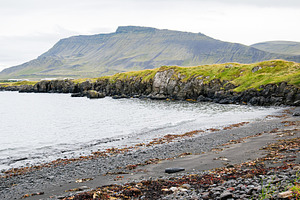 Scenic rocky coastline with greenery and mountains in Iceland's natural landsca, a Nature Photo by AS photostudio