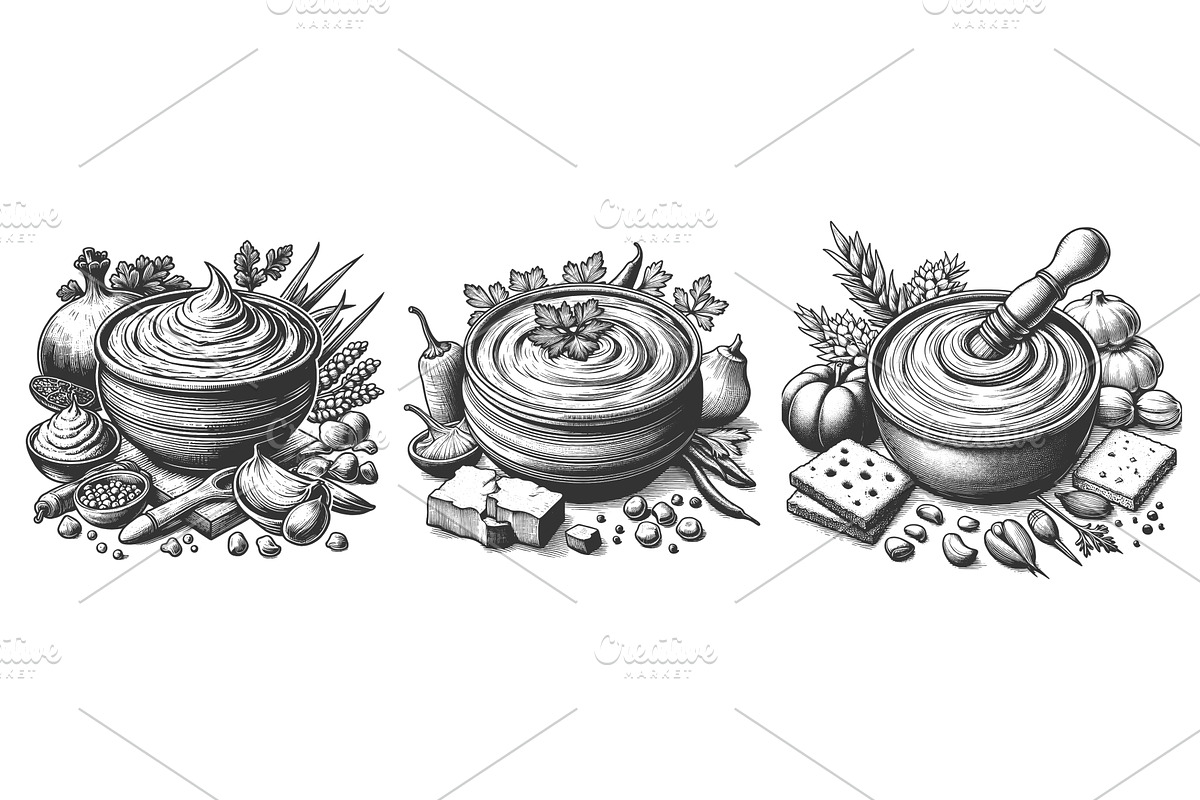 Hummus Bowls engraving set vector, a Food Illustration by AlexArt