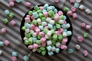 Fruity Colored Rainbow Marshmallows in a Bowl, top view., a Food & Drink Photo by LiudmylaChuhunova