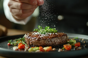 Chef seasoning delicious grilled ste, a Food & Drink Photo by Pixeness Studio