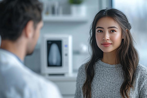 Young woman engaged in conversation, a Photo by Tanuart