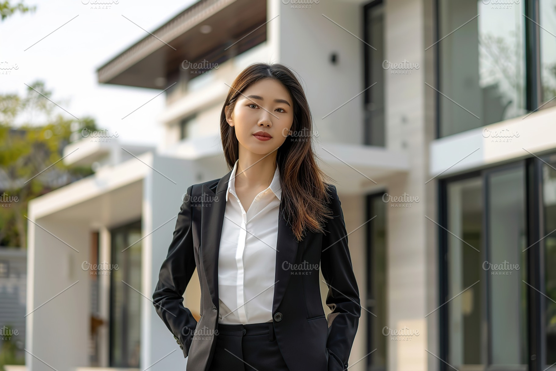 Confident asian woman real estate agent in suit stands behind a house for sale, a Person Photo by AlyaAnd