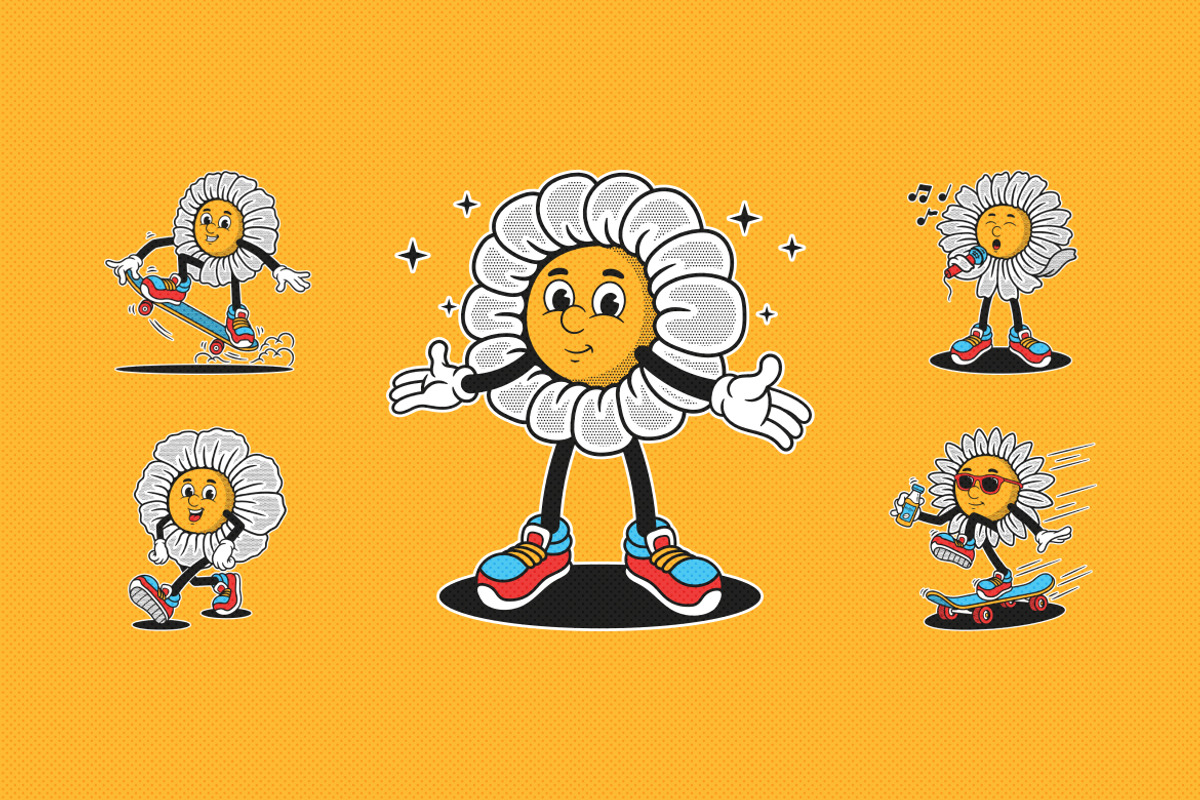 Retro Flower Mascot Illustration, an Object Illustration by Decoconio Design (Photo 2 of 7)