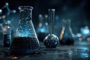 Science lab glassware dark blue liqu, a Photo by Pixeness Studio