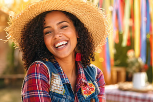 Smiling woman at festa junina brasil, a Photo by Dvoevnore photos