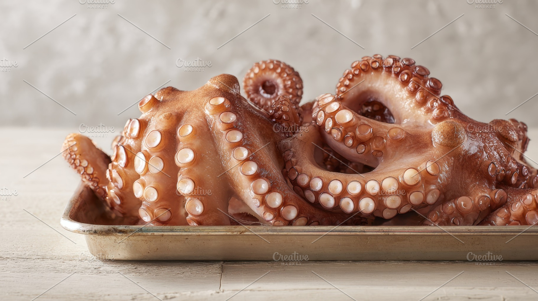 Fresh octopus sits on a tray, a Photo by Beautiful things