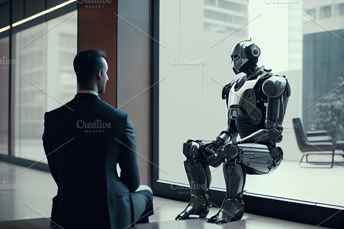 Man and AI robot waiting for a job interview, a Technology Illustration by Olyryk & Aglo