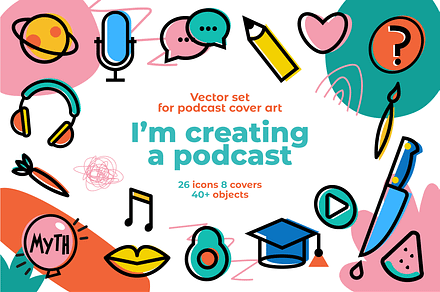 Podcast cover icons set